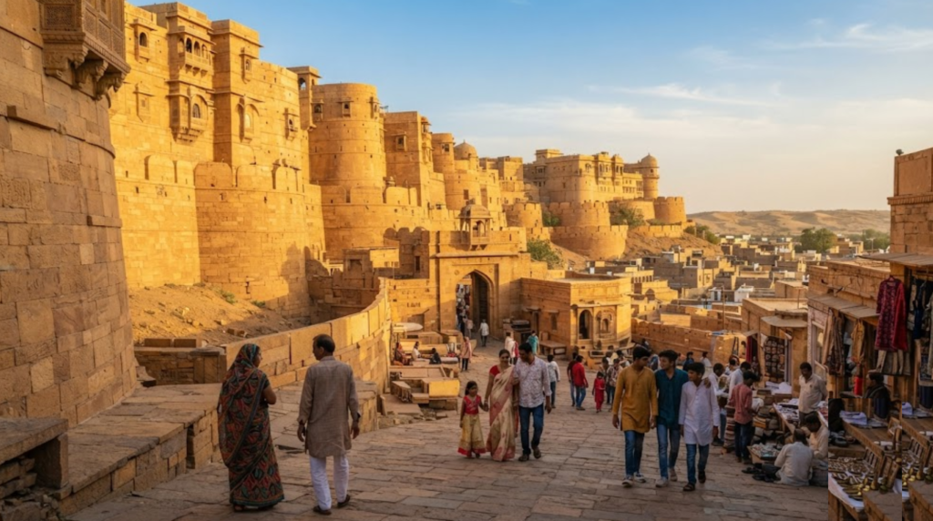 travel photograph of Jaisalmer Fort in Rajasthan during warm late-afternoon light, showcasing its immense golden sandstone walls and historic architecture against the surrounding desert landscape. Include random diverse Indian tourists naturally walking through the fort's historic streets.