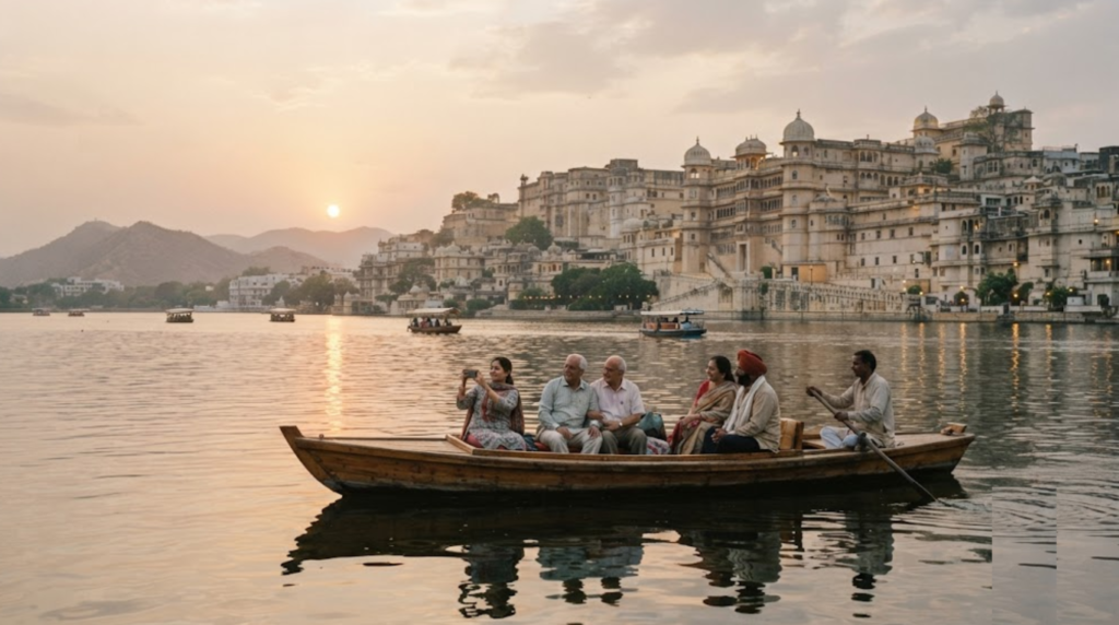 photograph of Lake Pichola in Udaipur, Rajasthan, with a traditional boat travelling across calm water,