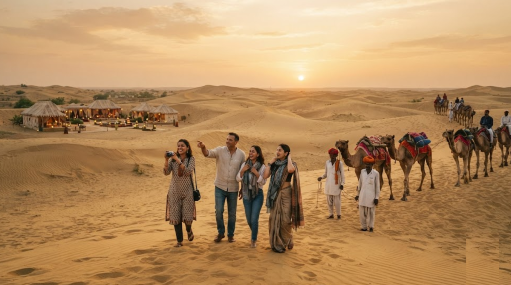 travel photograph of random diverse Indian tourists experiencing the Thar Desert near Jaisalmer,