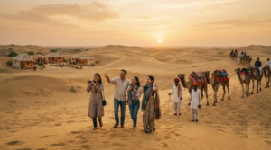 travel photograph of random diverse Indian tourists experiencing the Thar Desert near Jaisalmer,