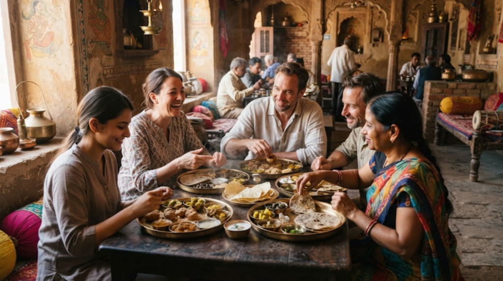 photograph of random diverse Indian travellers enjoying an authentic Rajasthani meal in a traditional restaurant setting, with regional dishes served on traditional metal plates,