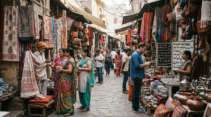 travel photograph of random diverse Indian tourists exploring a colourful traditional Rajasthan market filled with textiles, handicrafts,