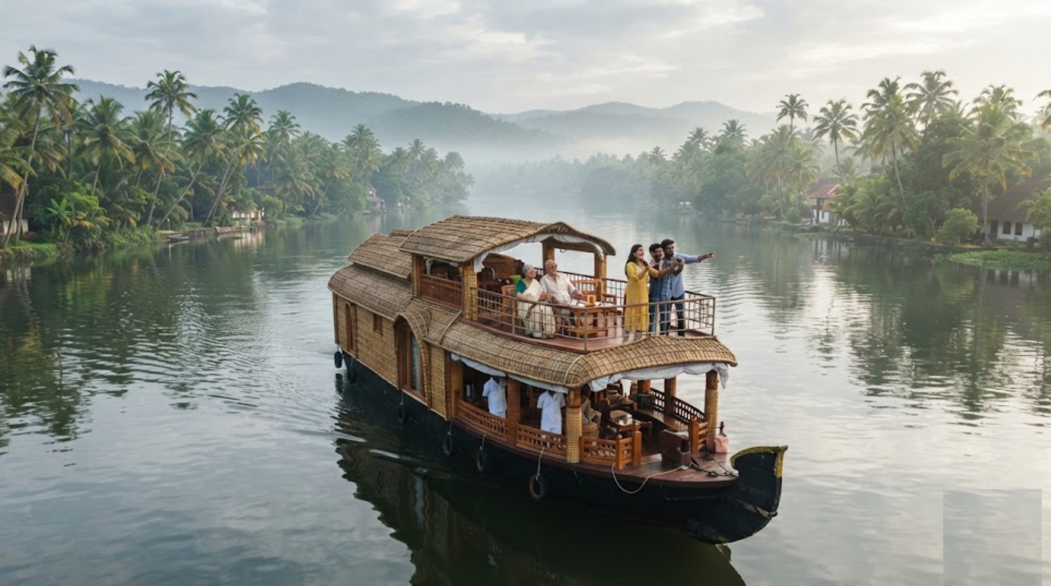 travel photograph of Kerala, India, featuring a beautiful traditional Kerala houseboat cruising through serene backwaters surrounded by lush tropical greenery, coconut palms and misty hills in the distance