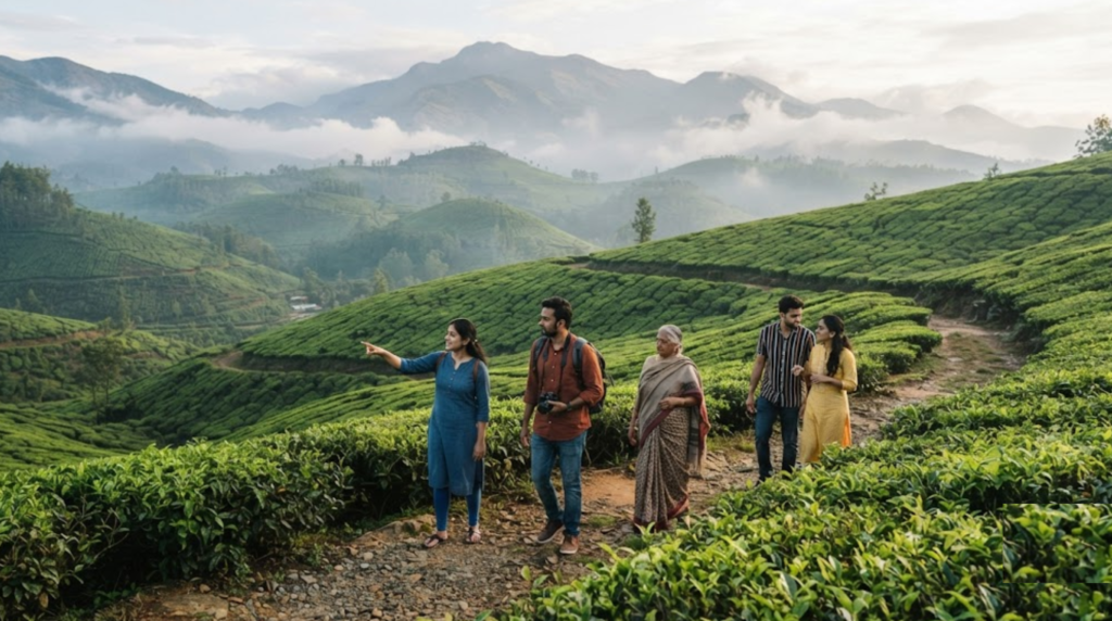 travel photograph of Kerala, India, featuring a beautiful traditional Kerala houseboat cruising through serene backwaters surrounded by lush tropical greenery, coconut palms and misty hills in the distance