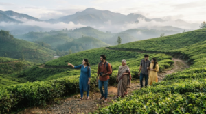 travel photograph of Kerala, India, featuring a beautiful traditional Kerala houseboat cruising through serene backwaters surrounded by lush tropical greenery, coconut palms and misty hills in the distance