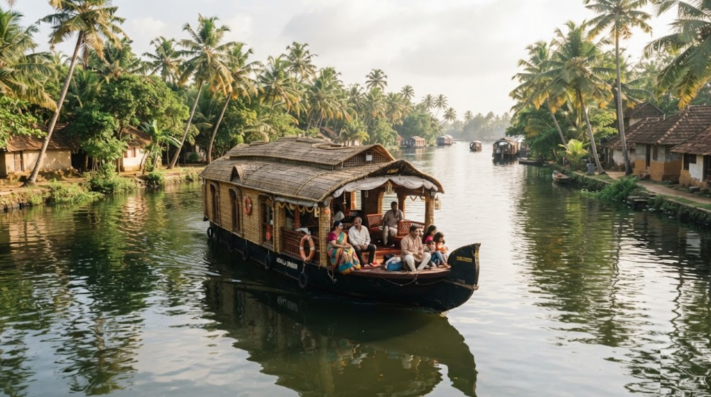 travel photograph of Alleppey backwaters in Kerala, featuring a traditional elegant Kerala houseboat moving slowly through calm waterways surrounded by coconut palms