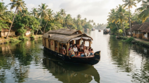 travel photograph of Alleppey backwaters in Kerala, featuring a traditional elegant Kerala houseboat moving slowly through calm waterways surrounded by coconut palms