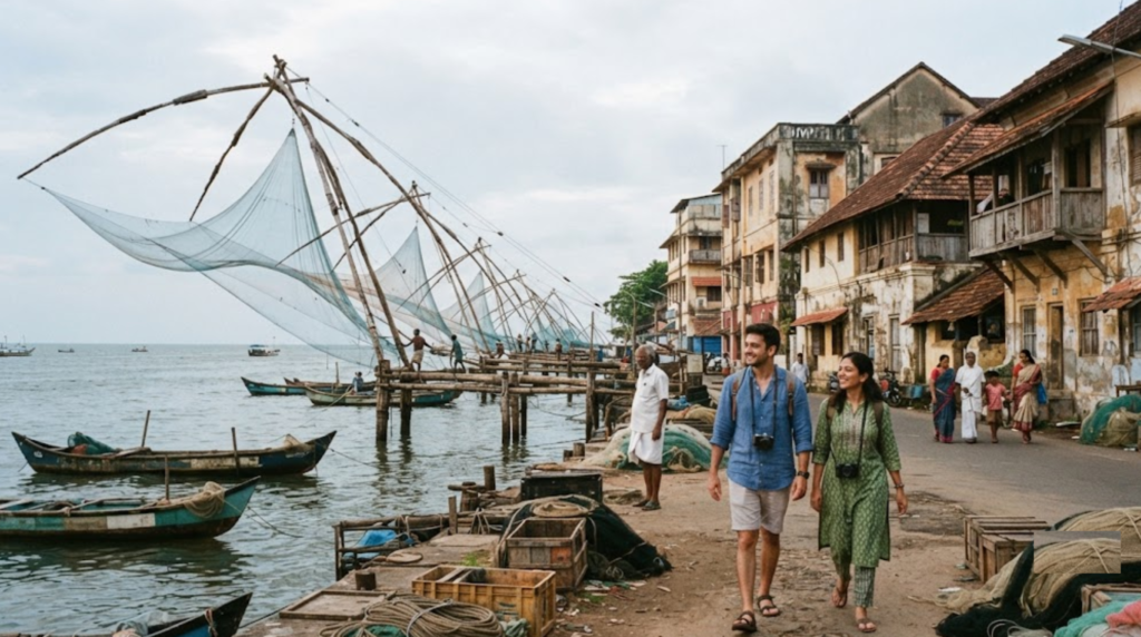 travel photograph of Fort Kochi, Kerala, showing the iconic Chinese fishing nets along the waterfront