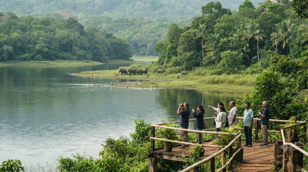 wildlife travel photograph in the Periyar region of Thekkady, Kerala, showing a lush tropical forest surrounding a peaceful lake with realistic native wildlife
