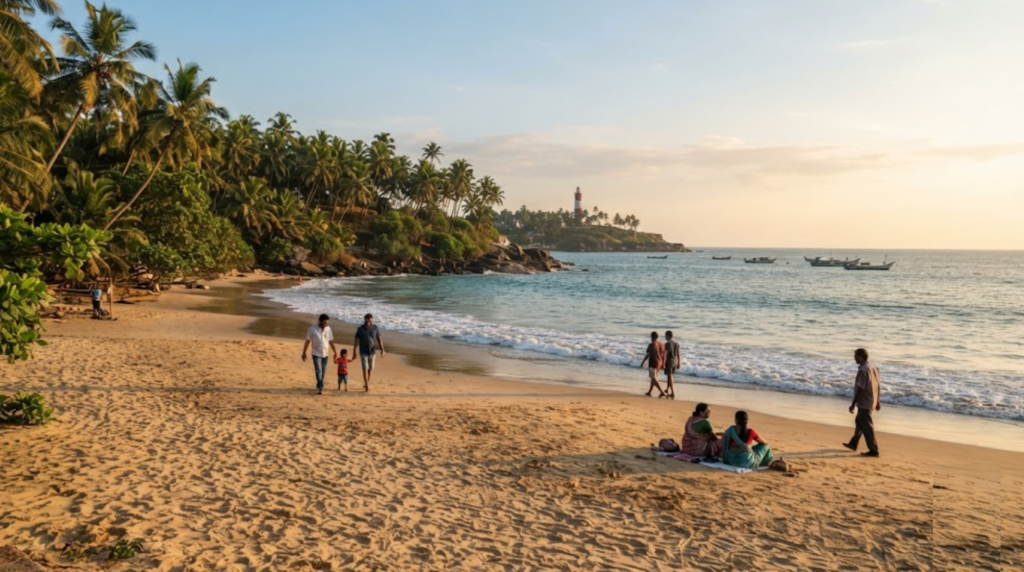 premium travel photograph of Kovalam Beach in Kerala, featuring a curved tropical shoreline, swaying coconut palms