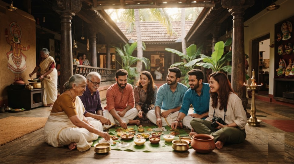 travel photograph showing random diverse Indian tourists experiencing Kerala's cultural heritage at an authentic traditional setting, with regional cuisine