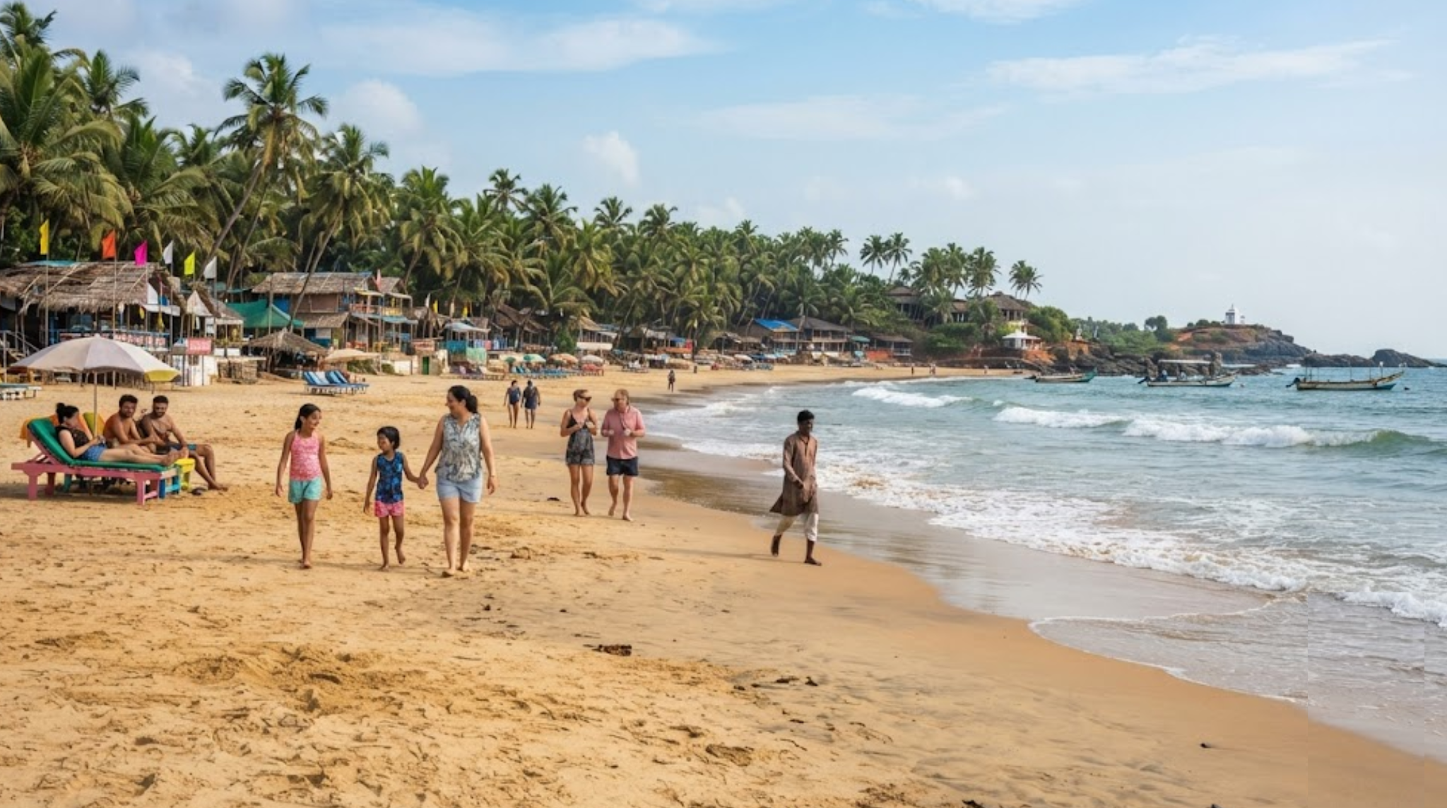 travel photograph of Goa, India, featuring a beautiful tropical beach with golden sand, clear blue Arabian Sea, lush coconut palms and a stylish yet authentic Goan coastal atmosphere.