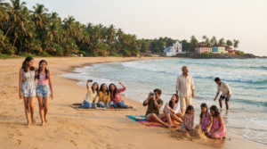 travel photograph of Baga Beach, Goa, featuring a wide golden sandy beach, Arabian Sea waves, coconut palms and authentic beachside surroundings.
