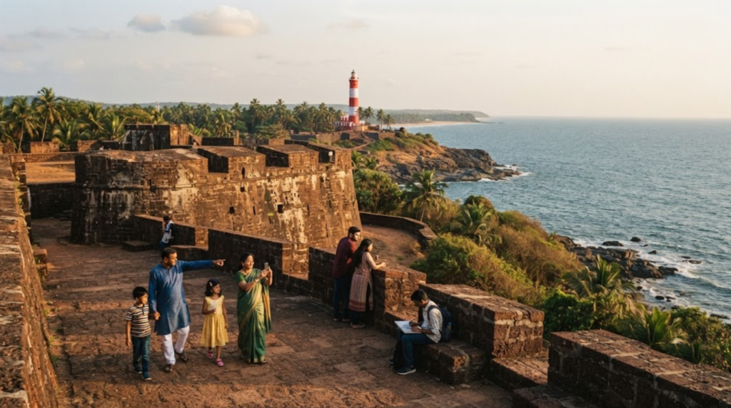 documentary travel photograph of Fort Aguada in Goa, showing the historic laterite stone fort overlooking the Arabian Sea, with its distinctive lighthouse and coastal landscape.