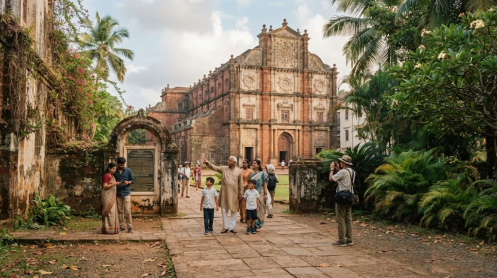 architectural travel photograph of the Basilica of Bom Jesus in Old Goa, showing its historic Portuguese-era façade, detailed stone architecture and surrounding heritage environment