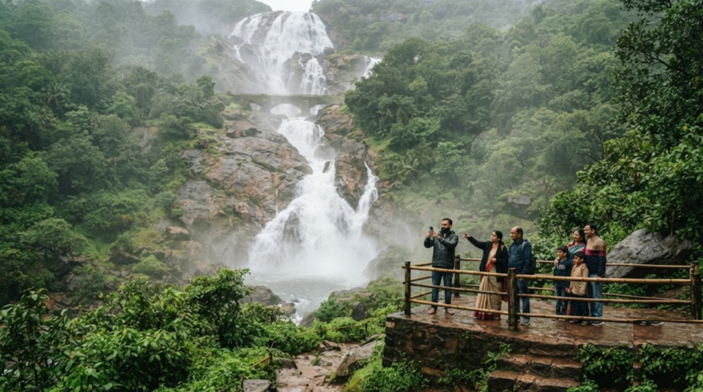 hyper-realistic cinematic travel photograph of Dudhsagar Waterfalls in Goa, showing powerful white water cascading down a dramatic rocky cliff surrounded by dense green Western Ghats forest