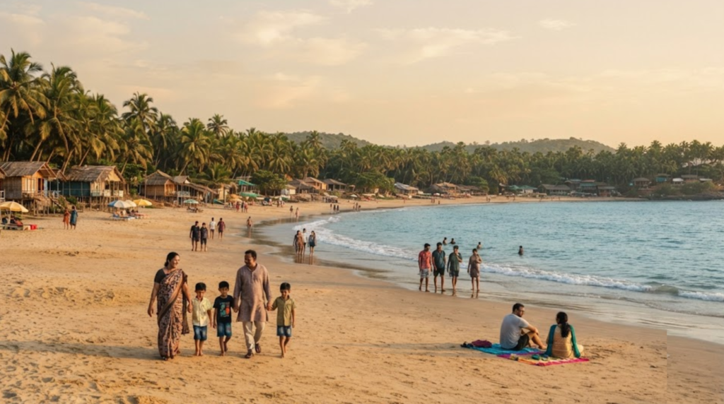 travel photograph of Palolem Beach in South Goa, featuring a beautiful crescent-shaped sandy coastline, calm Arabian Sea waters, lush coconut palms and small authentic beach structures.