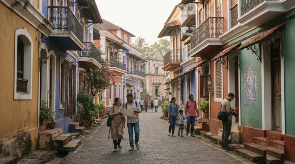 travel photograph of Fontainhas in Panaji, Goa, showing a charming narrow heritage street lined with colourful Portuguese-influenced houses, traditional balconies and authentic architectural details
