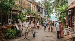 Indian tourists exploring North Goa, with a lively coastal street featuring tropical vegetation,