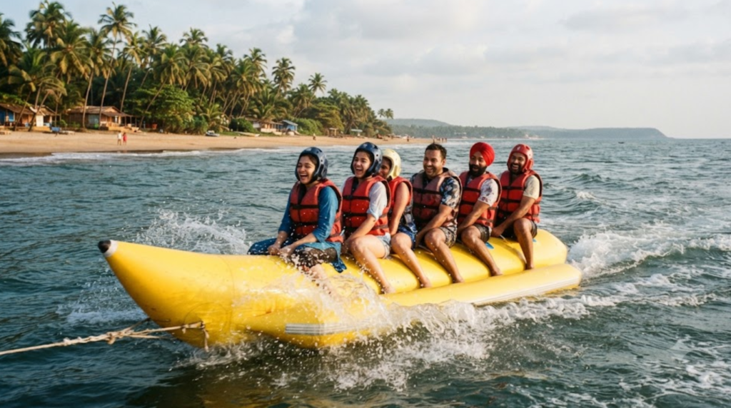 travel photograph on the Goa coastline showing random diverse Indian tourists safely enjoying a water activity in the Arabian Sea, with a tropical beach and coconut palms in the background