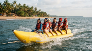 travel photograph on the Goa coastline showing random diverse Indian tourists safely enjoying a water activity in the Arabian Sea, with a tropical beach and coconut palms in the background