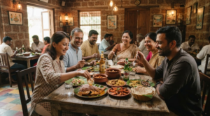 food-and-travel photograph showing random diverse Indian tourists enjoying authentic Goan cuisine at a stylish but realistic local restaurant,