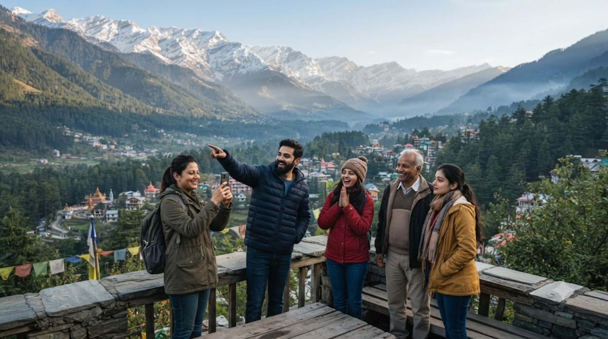 photograph of Himachal Pradesh, India, featuring a breathtaking Himalayan mountain landscape with snow-capped peaks, lush pine and deodar forests,