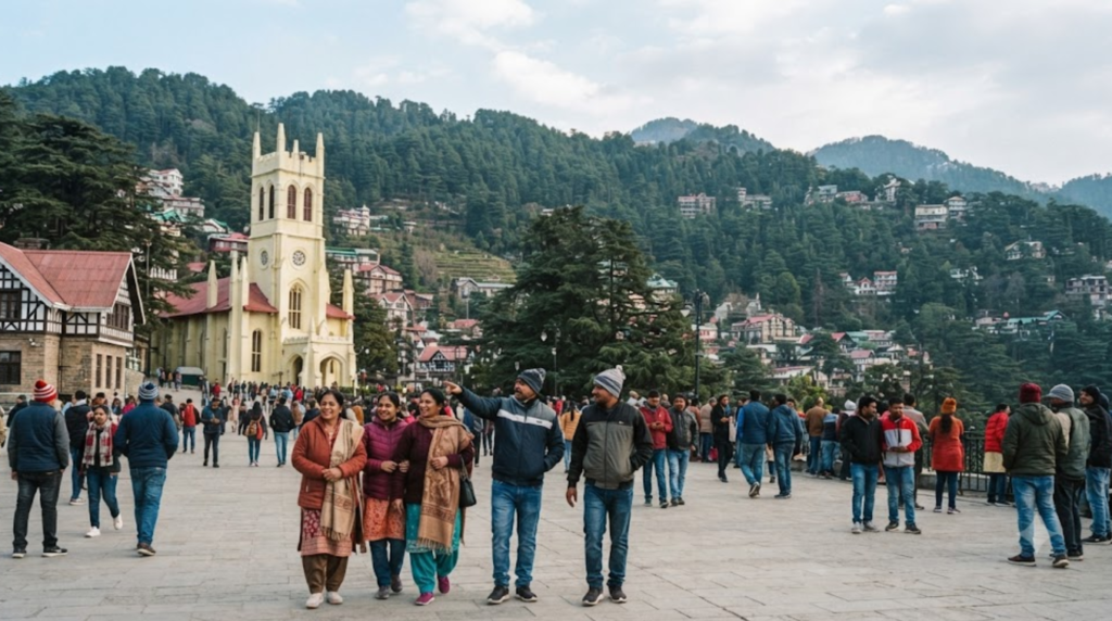 photograph of Shimla, Himachal Pradesh, showing a beautiful hill-town landscape with colonial-era architecture, the historic Ridge area,