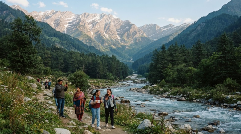 photograph of Manali, Himachal Pradesh, featuring dramatic Himalayan mountains, dense deodar forests, a clear mountain river and a scenic valle