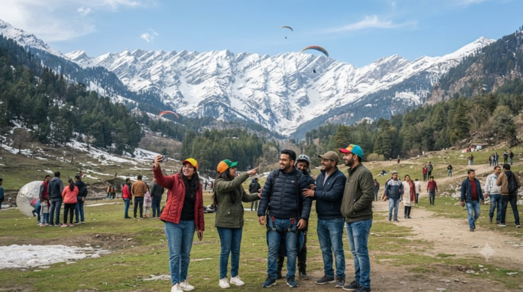 travel photograph of Solang Valley near Manali, Himachal Pradesh, showing a dramatic mountain valley surrounded by snow-covered Himalayan peaks and green alpine slopes.