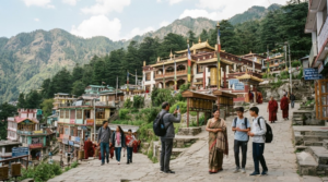 travel photograph of McLeod Ganj near Dharamshala, Himachal Pradesh, showing a peaceful mountain town surrounded by green Himalayan slopes,