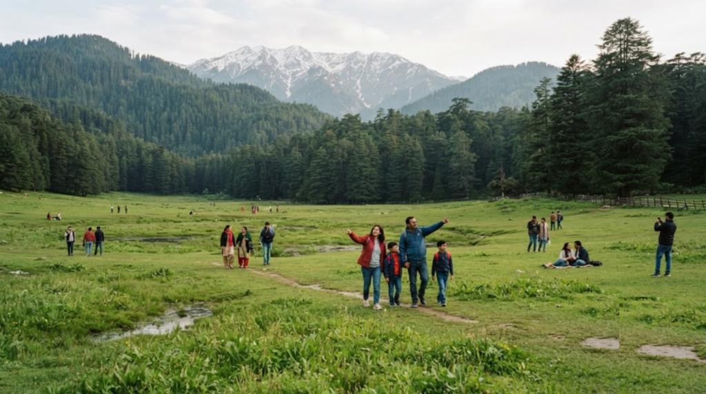 photograph of Khajjiar near Dalhousie, Himachal Pradesh, featuring a beautiful green alpine meadow surrounded by dense pine and deodar forests with Himalayan mountains in the distance