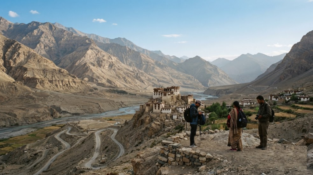 travel photograph of Spiti Valley, Himachal Pradesh, showing a vast high-altitude Himalayan valley with rugged barren mountains, winding mountain roads