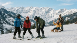 adventure travel photograph of random diverse Indian tourists safely enjoying a suitable seasonal outdoor activity in Solang Valley