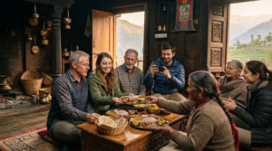 documentary travel photograph showing random diverse Indian tourists experiencing authentic Himachali culture at a