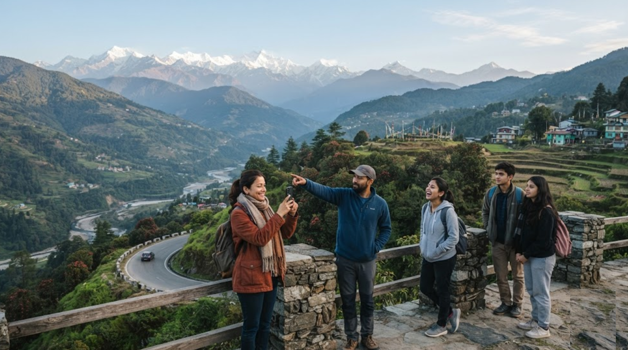 travel photograph of Sikkim, India, featuring a breathtaking Himalayan landscape with snow-covered mountain peaks, lush green mountain slopes, dense forests,