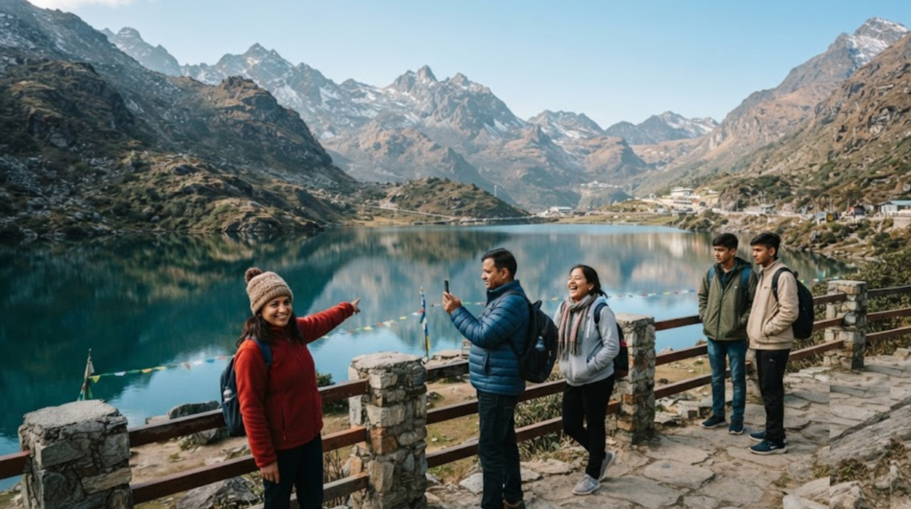 premium travel photograph of Tsomgo Lake in Sikkim, featuring a beautiful high-altitude alpine lake surrounded by rugged Himalayan mountains, rocky slopes and sparse alpine vegetation