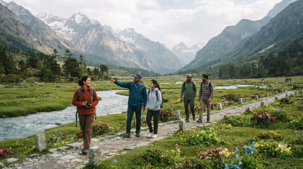 travel photograph of Yumthang Valley in North Sikkim, featuring a wide alpine valley surrounded by dramatic Himalayan mountains,