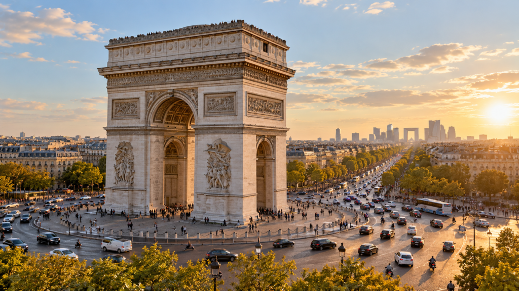 travel photograph of the Arc de Triomphe in Paris, magnificent stone monument rising above the circular traffic junction,