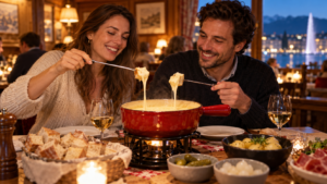 Intimate documentary food and travel photograph inside a cosy traditional restaurant in Geneva, authentic Swiss cheese fondue bubbling in a classic ceramic pot on a wooden table, fresh bread pieces and simple regional side dishes, adult couple naturally enjoying dinner together