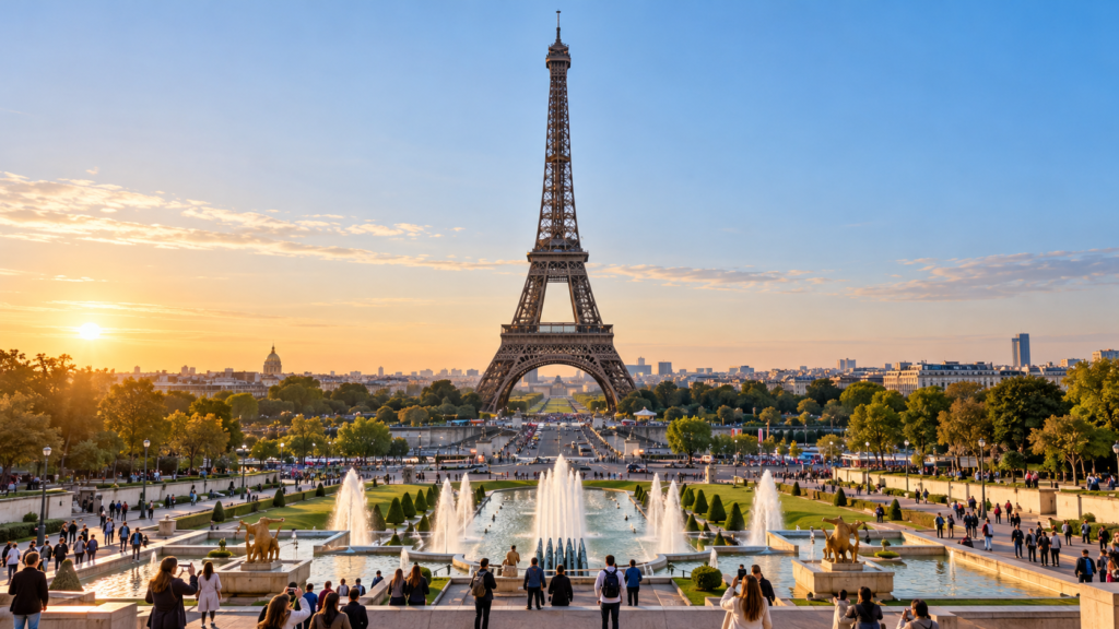 professional travel photograph of the Eiffel Tower in Paris viewed from the Trocadero Gardens, full iconic iron tower clearly visible with realistic architectural proportions,