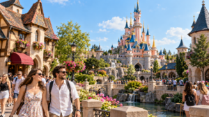 travel photograph of a beautiful European fantasy-themed amusement park near Paris, colourful fairytale-style castle in the background, landscaped gardens and themed buildings