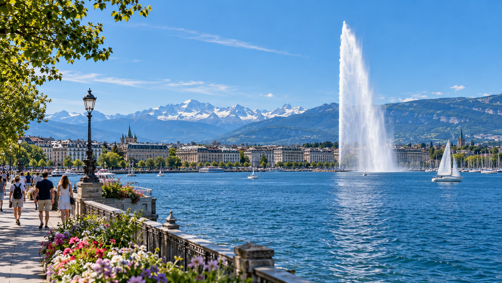 ravel photograph of Geneva, Switzerland, featuring the iconic Jet d'Eau fountain rising above the deep blue waters of Lake Geneva,
