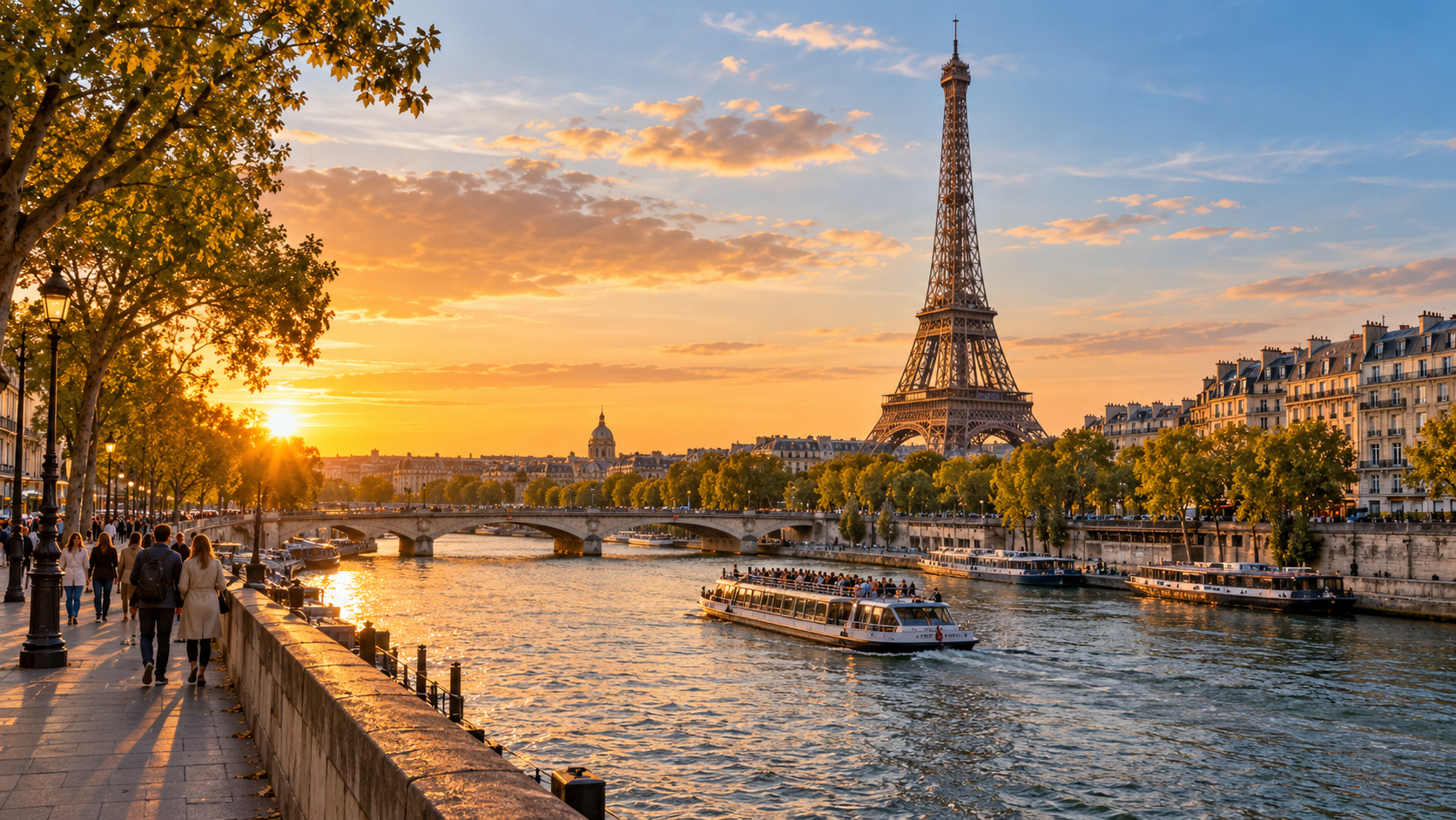 hyper-realistic panoramic travel photograph of Paris, France, featuring the iconic Eiffel Tower rising above the elegant Parisian skyline, River Seine flowing naturally through the foreground with a sightseeing boat, historic Haussmann-style buildings and tree-lined boulevards,