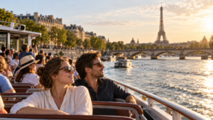 travel photograph aboard a Seine River sightseeing cruise in Paris, adult travellers relaxing on the open-air deck while enjoying views of elegant Parisian bridges and historic waterfront buildings,