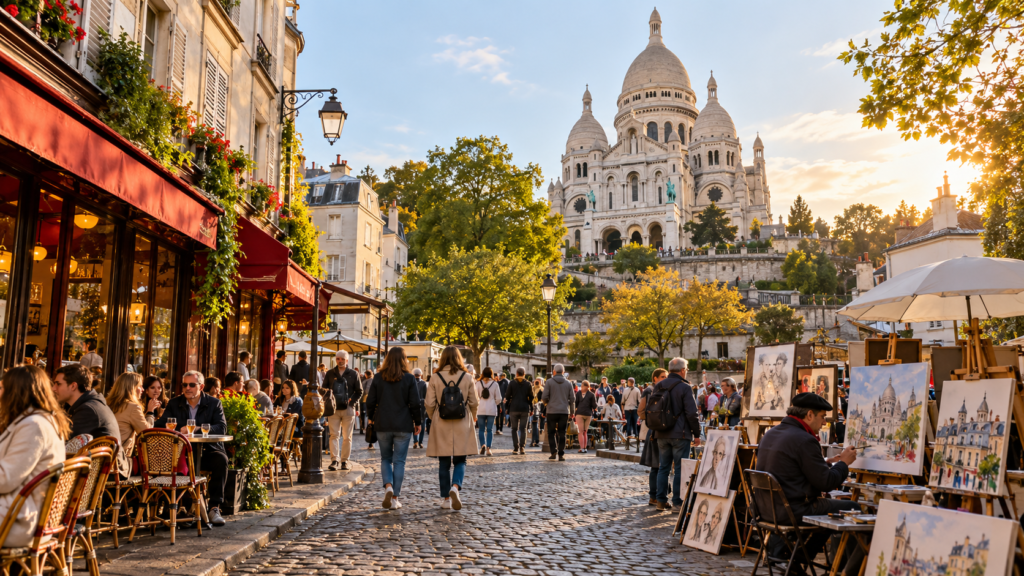 Authentic documentary-style photograph of Montmartre in Paris, beautiful white Sacre-Coeur Basilica rising above the historic neighbourhood, cobblestone streets, traditional French cafes and local artists working near the square,