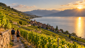 r photograph of Lavaux terraced vineyards overlooking Lake Geneva, neatly arranged green vineyard rows descending naturally toward the lake
