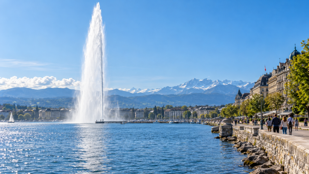photograph of the famous Jet d'Eau fountain in Geneva, Switzerland, enormous white water jet rising naturally from Lake Geneva