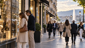photograph on Rue du Rhone in Geneva, elegant European shopping boulevard lined with luxury boutiques and refined architecture, naturally dressed adult travellers browsing shop windows