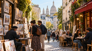 street photograph in Montmartre Paris, narrow cobblestone lane with traditional Parisian buildings,